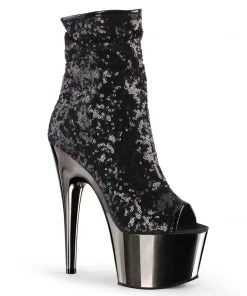 Pleaser Direct Platform Shoes Adore 1008SQ Black Sequin Platform Peep Toe Boots
