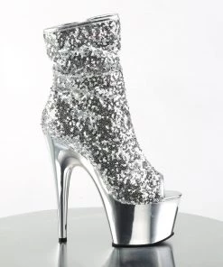 Pleaser Direct Adore 1008SQ Silver Sequin Platform Peep Toe Boots