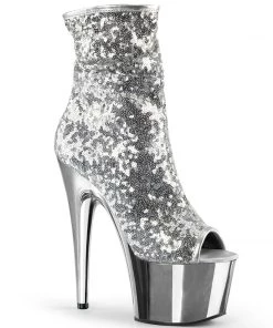 Pleaser Direct Adore 1008SQ Silver Sequin Platform Peep Toe Boots