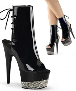 Pleaser Direct Platform Shoes Adore 1018 Black Patent And Rhinestone Encrusted Ankle Boots