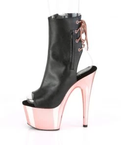 Pleaser Direct Adore 1018 Black Faux Leather & Rose Gold Chrome Boots