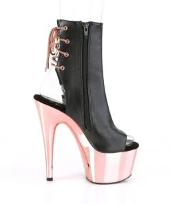 Pleaser Direct Adore 1018 Black Faux Leather & Rose Gold Chrome Boots