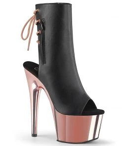 Pleaser Direct Adore 1018 Black Faux Leather & Rose Gold Chrome Boots