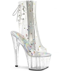 Pleaser Larger Size Shoes Adore 1018C Clear Sequin Ankle Boots