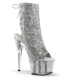 Pleaser Direct Glitter Shoes Adore 1018G Silver Sparkly Platform Ankle Boots