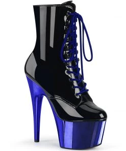 Pleaser Direct Larger Size Shoes Adore 1020 Black And Royal Blue Chrome Platform Ankle Boots