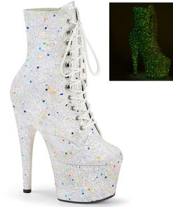 Pleaser Direct Larger Size Shoes Adore 1020GDLG White Glitter UV Reactive Platform Ankle Boots