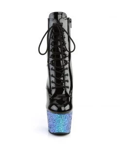Pleaser Direct Larger Size Shoes Adore 1020LG Black Patent And Blue Glitter Vegan Boots