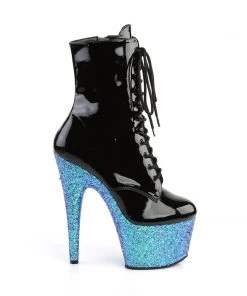 Pleaser Direct Adore 1020LG Black Patent & Blue Glitter Boots Larger Size Shoes