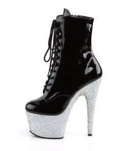 Pleaser Direct Adore 1020LG Black Patent And Silver Glitter Vegan Boots Larger Size Shoes