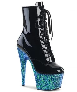 Pleaser Direct Adore 1020LG Black Patent & Blue Glitter Boots Larger Size Shoes