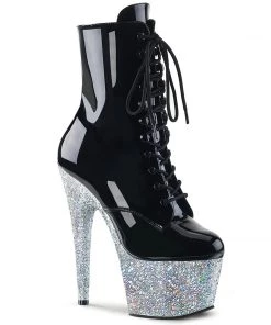 Pleaser Direct Larger Size Shoes Adore 1020LG Black Patent & Silver Glitter Boots