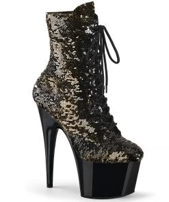 Pleaser Direct Adore 1020SQ Black & Gold Sequinned Ankle Boots Larger Size Shoes