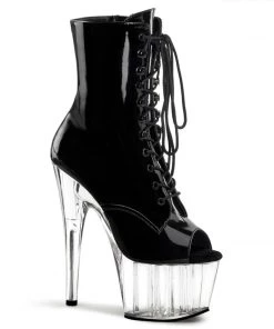Pleaser Direct Adore 1021 Black Patent & Clear Peep Toe Boots