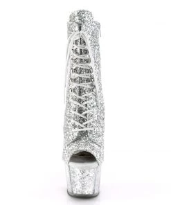 Pleaser Direct Larger Size Shoes Adore 1021G Silver Sparkly Platform Peep Toe Boots
