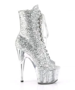 Pleaser Direct Larger Size Shoes Adore 1021G Silver Sparkly Platform Peep Toe Boots