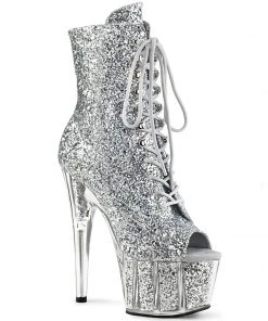 Pleaser Direct Larger Size Shoes Adore 1021G Silver Sparkly Platform Peep Toe Boots