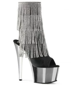 Pleaser Direct Glitter Shoes Adore 1024RFS Black Faux Leather And Chrome Rhinestone Boots