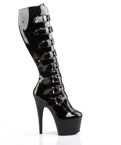 Pleaser Direct Larger Size Shoes Adore 2043 Black Patent Buckles Vegan Knee High Boots