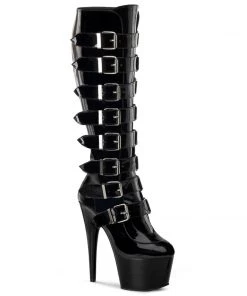 Pleaser Direct Larger Size Shoes Adore 2043 Black Patent Buckles Vegan Knee High Boots
