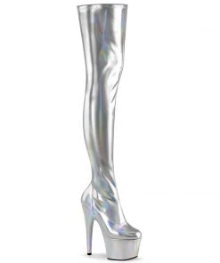 Pleaser Direct Larger Size Shoes Adore 3000HWR Silver Patent Thigh High Platform Boots