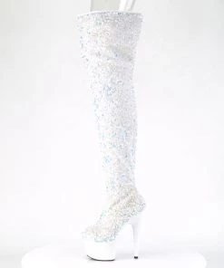 Pleaser Direct Adore 3020 White Glitter Thigh High Boots