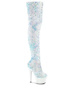 Pleaser Direct Adore 3020 White Glitter Thigh High Boots