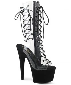 Pleaser Direct Platform Shoes Adore 700-60FS Clear And Black Faux Suede Lace Up Platforms