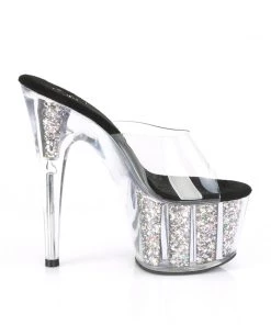 Pleaser Direct Adore 701CG Black And Silver Glitter Platforms High Heels Glitter Shoes