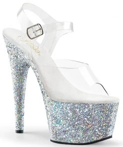 Pleaser Direct Larger Size Shoes Adore 708LG Silver Multi Glitter Platforms