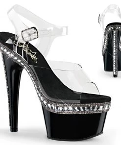Pleaser Direct Adore 708RS1 Black With Clear Rhinestone Platforms