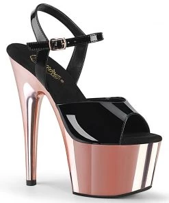 Pleaser Direct Adore 709 Black Patent & Rose Gold Chrome Platforms
