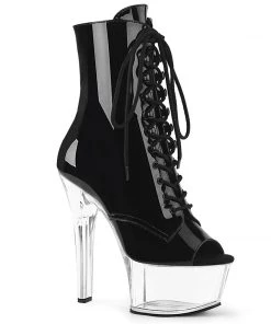 Pleaser Direct Aspire 1021 Black Patent & Clear Peep Toe Boots Larger Size Shoes