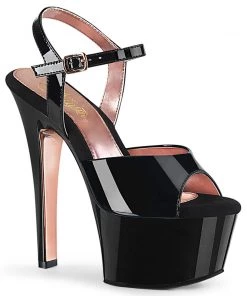 Pleaser Direct Larger Size Shoes Aspire 609TT Black Patent & Rose Gold Chrome Platforms