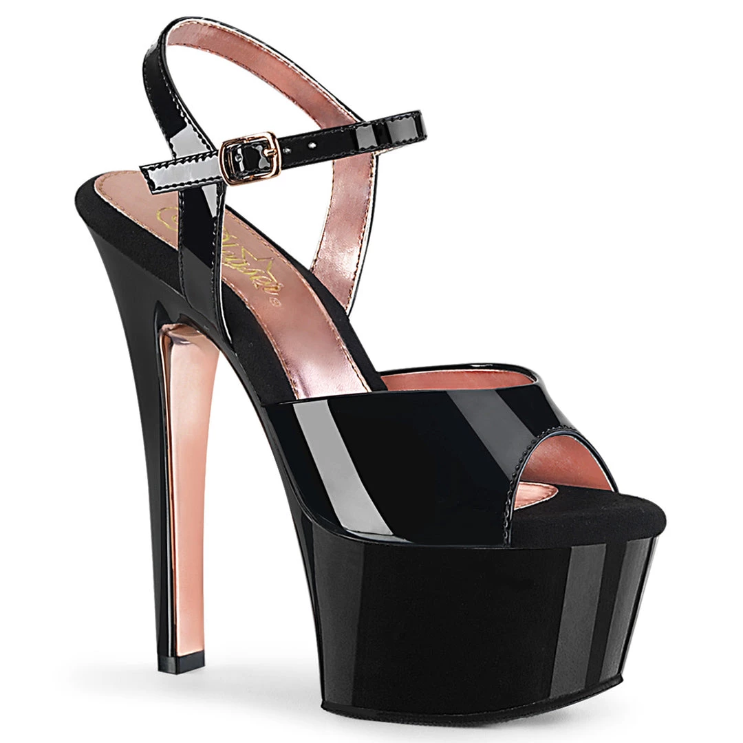 Pleaser Direct Larger Size Shoes Aspire 609TT Black Patent & Rose Gold Chrome Platforms 1 Pleaser Direct Larger Size Shoes Aspire 609TT Black Patent & Rose Gold Chrome Platforms
