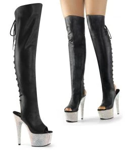 Pleaser Direct Bejeweled 3019DM-7 Black Matte & Rhinestone Platform Thigh High Boots Platform Shoes