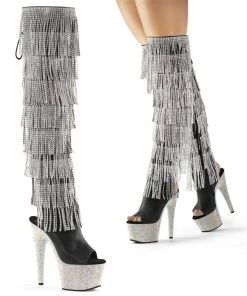 Pleaser Direct Glitter Shoes Bejeweled 3019RSF-7 Black Matte And Silver Rhinestone Fringe Boots