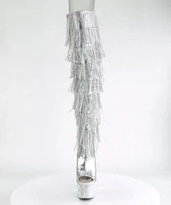Pleaser Direct Glitter Shoes Bejeweled 3019RSF-7 Silver Rhinestone Fringe Thigh High Boots