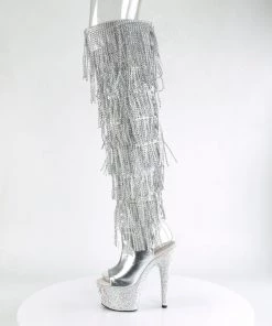 Pleaser Direct Glitter Shoes Bejeweled 3019RSF-7 Silver Rhinestone Fringe Thigh High Boots