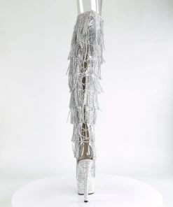 Pleaser Direct Glitter Shoes Bejeweled 3019RSF-7 Silver Rhinestone Fringe Thigh High Boots