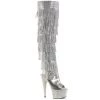 Pleaser Direct Glitter Shoes Bejeweled 3019RSF-7 Silver Rhinestone Fringe Thigh High Boots