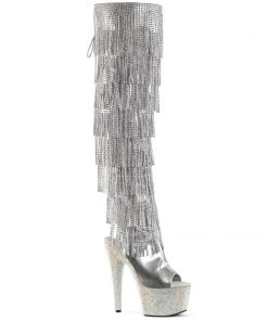 Pleaser Direct Glitter Shoes Bejeweled 3019RSF-7 Silver Rhinestone Fringe Thigh High Boots