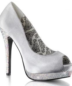 Pleaser Direct Bella 12R Silver Satin & Rhinestone Court Shoes