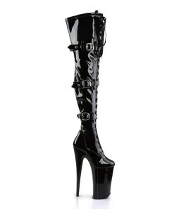 Pleaser Direct Beyond 3028 Black Patent Thigh High Boots Larger Size Shoes