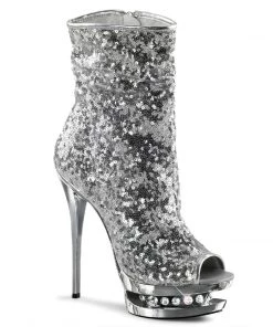 Pleaser Direct Platform Shoes Blondie R-1008 Silver Sequin Ankle Boots