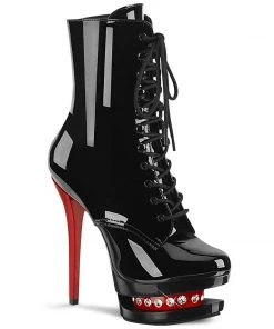 Pleaser Direct Platform Shoes Blondie R 1020 Black And Red Rhinestone Ankle Boots