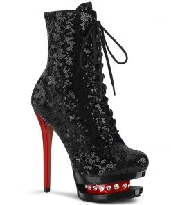 Pleaser Direct Blondie R 1020 Black And Red Sequin Rhinestone Ankle Boots