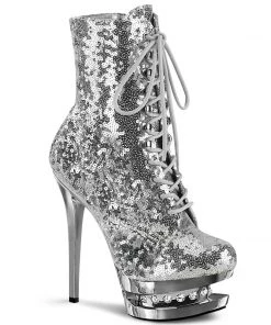 Pleaser Direct Blondie R 1020 Silver Sequin Rhinestone Ankle Boots