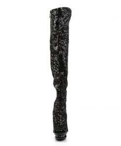 Pleaser Direct Blondie R-3011 Black Sequin Platform Thigh High Boots