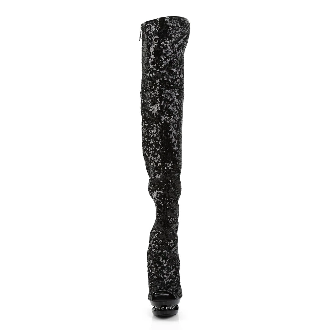 Pleaser Direct Blondie R-3011 Black Sequin Platform Thigh High Boots 2 Pleaser Direct Blondie R-3011 Black Sequin Platform Thigh High Boots